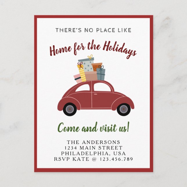 Carte Postale Faire-part Voiture rouge moderne avec cadeaux Fêtes de Noël e (Devant)