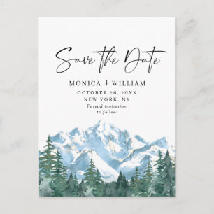 Carte Postale Faire-part Watercolor Mountains Forest Wedding Enregistrer la