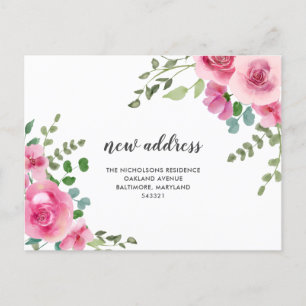 Carte Postale Faire-part Watercolor Rose Floral New Address We Have Moved 