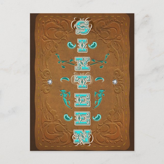 Carte Postale Faire-part Western Rustic Brown & Turquoise SIXTEEN 16 Partie (Devant)
