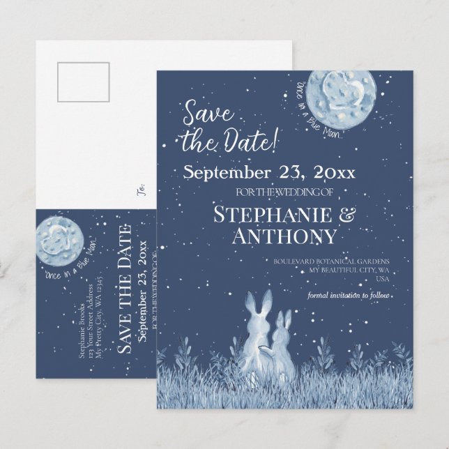 Carte Postale Faire-part Whimsical Blue Rabbit Bunny Moon Stars Mariage (Devant / Derrière)