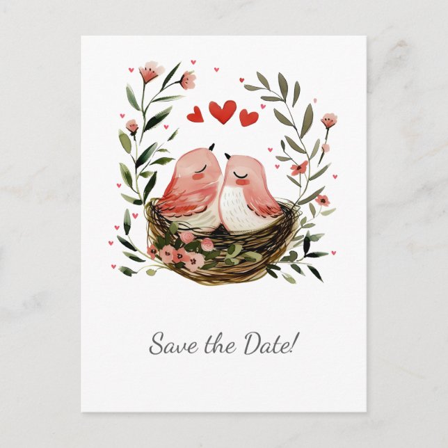 Carte Postale Faire-part Whimsical Lovebirds Save The Date | (Devant)