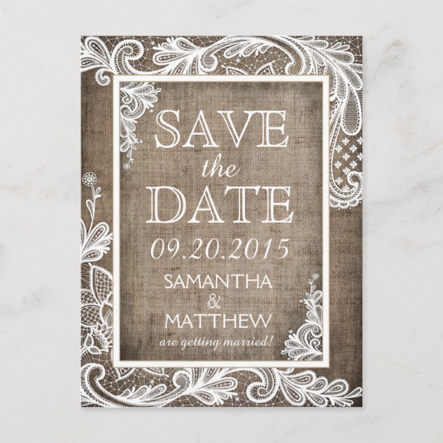 Carte Postale Faire-part White Lace Burlap Moderne Goth Enregistrer la date (Devant)