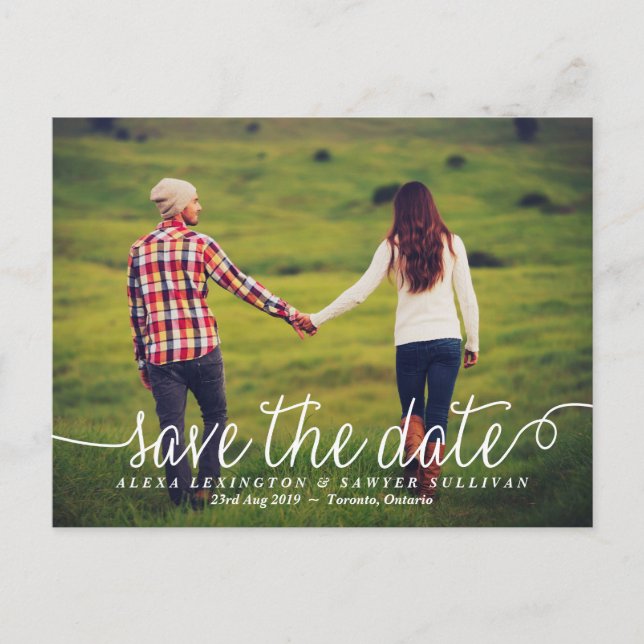 Carte Postale Faire-part White Lovely Calligraphy Photo Enregistrer la date (Devant)