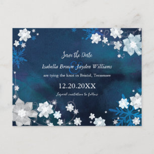 Carte Postale Faire-part Winter Floral Navy Blue Wedding Enregistrer la dat