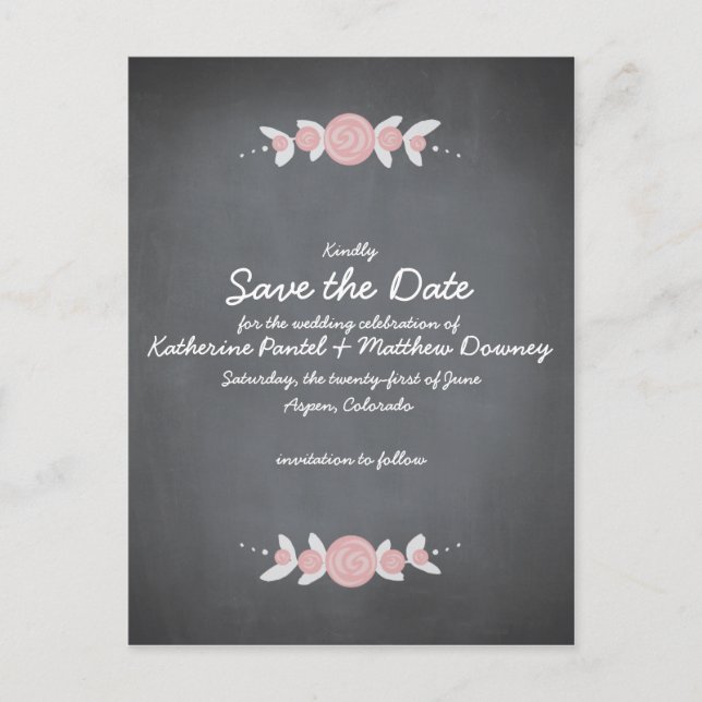 Carte Postale Faire-part Wreath florale Chalkboard Enregistrer la date (Devant)