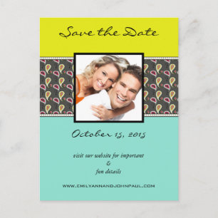 Carte Postale Faire-part Yellow & Mint Paisley Photo Enregistrer La Date