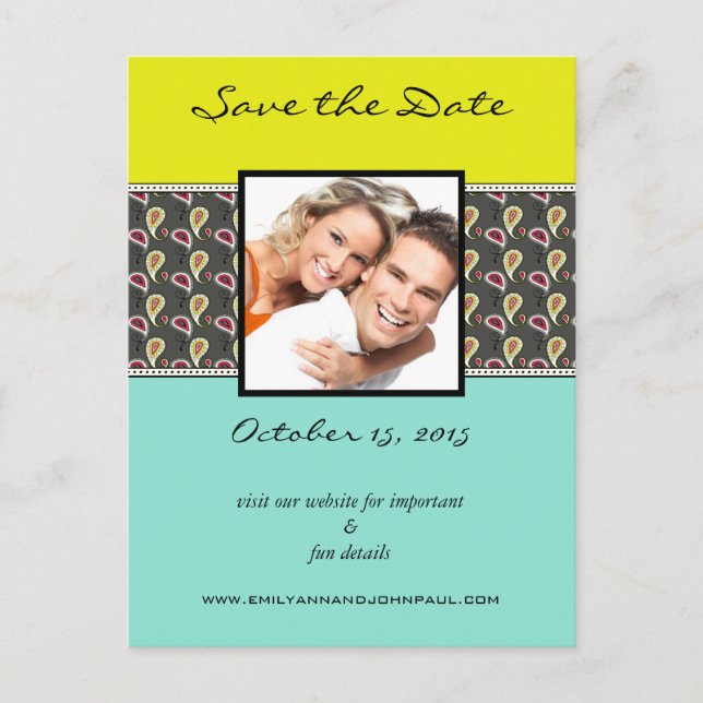 Carte Postale Faire-part Yellow & Mint Paisley Photo Enregistrer La Date (Devant)