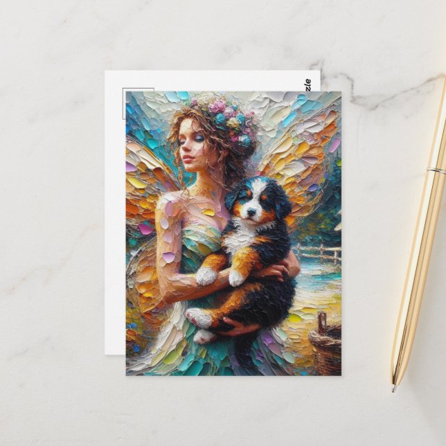 Carte Postale Fairy and her Bernese Mountain Dog Puppy (Devant/Arrière en situation)