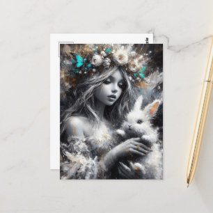 Carte Postale Fairy and Her Cute White Rabbit