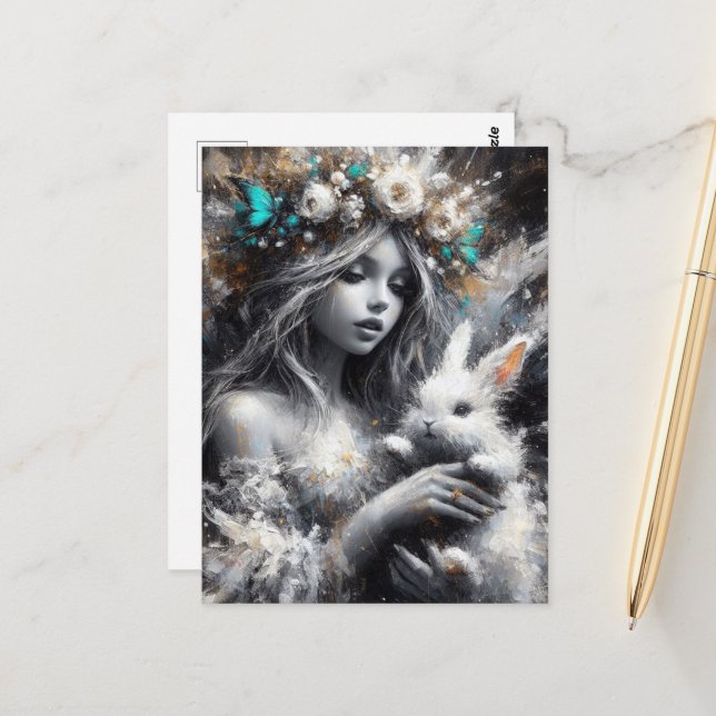 Carte Postale Fairy and Her Cute White Rabbit (Devant/Arrière en situation)