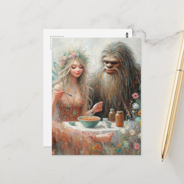 Carte Postale Fairy and Sasquatch Spaghetti Picnic (Devant/Arrière en situation)
