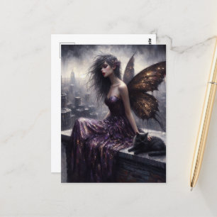 Carte Postale Fairy et son chat noir surplombent la ville