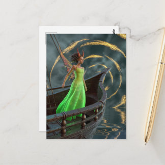 Carte Postale Fairy in Green Dress on a Boat with Red Horns