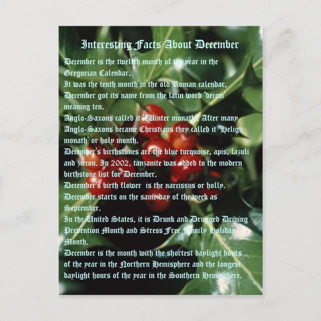 Carte Postale Faits Intéressants Sur Décembre (Devant)