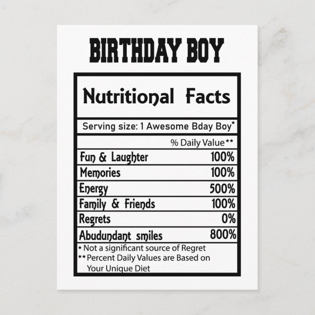 Carte Postale Faits nutritionnels pour garçon de fête  (Devant)