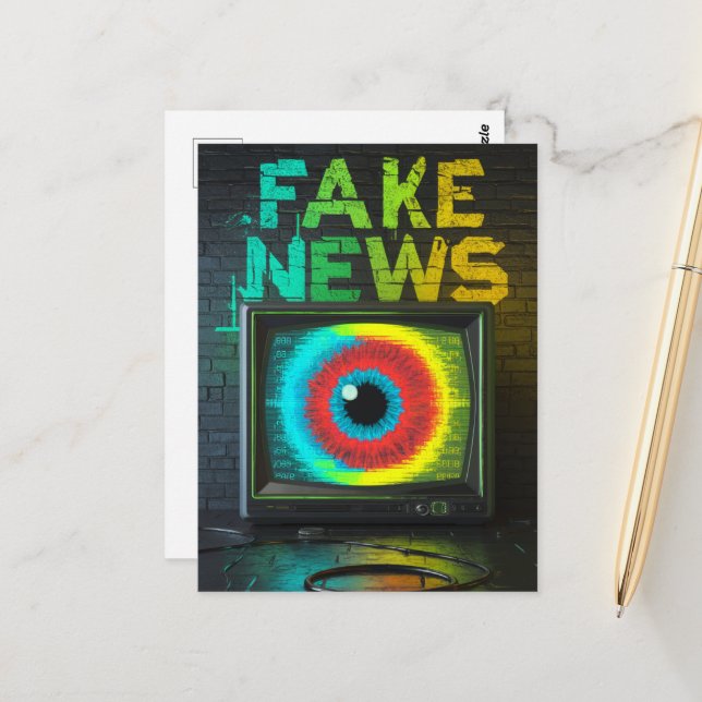 Carte Postale Fake News Retro TV Eyeball Glitch (Devant/Arrière en situation)