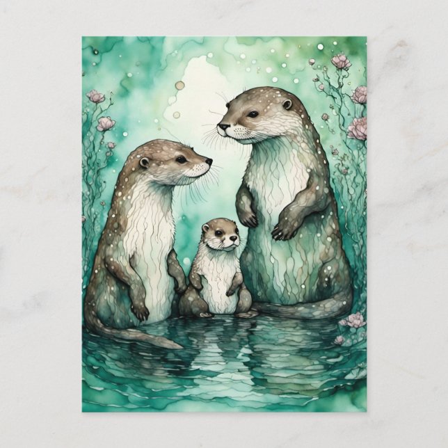 Carte Postale Famille adorable de Otter avec Baby Otter (Devant)