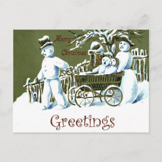 Carte Postale Famille de bonhomme de neige en route, saison hive