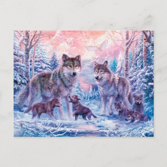 Carte Postale Famille De Loups Peinture (Devant)