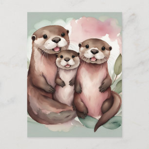 Carte Postale Famille de loutres adorable aquarelle