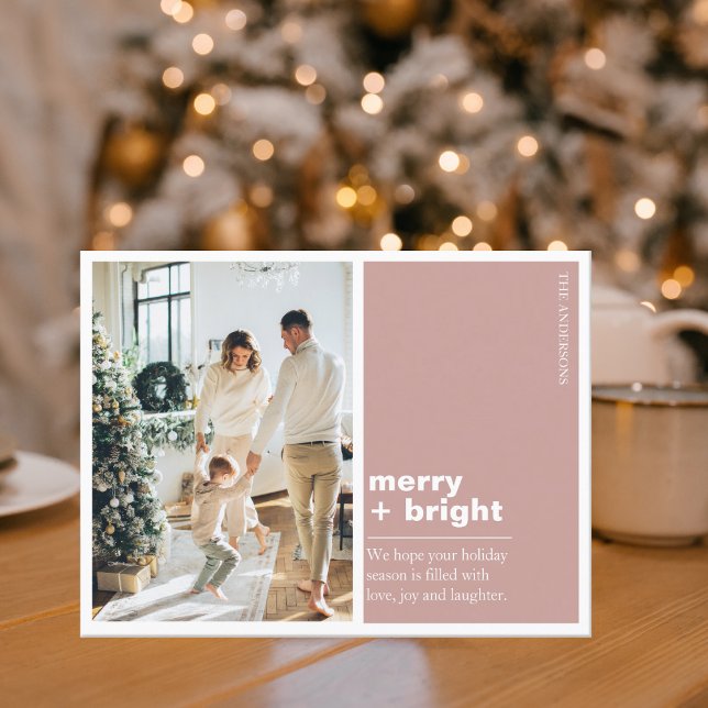 Carte Postale Famille de photos de Noël | Joyeux + rose vif (Créateur téléchargé)