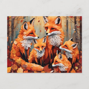 Carte Postale Famille de renards roux adorable en automne