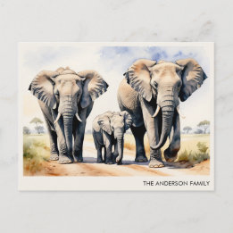 Carte Postale Famille d'éléphants à l'aquarelle avec nom personn