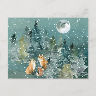 Carte Postale Famille Fox en forêt Pleine lune neige