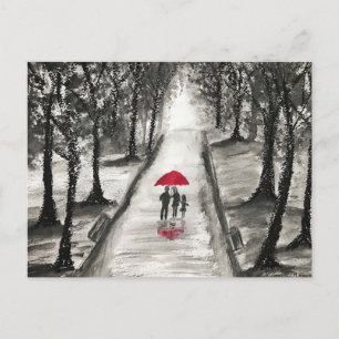 Carte Postale Famille Parapluie rouge rustique noir et blanc