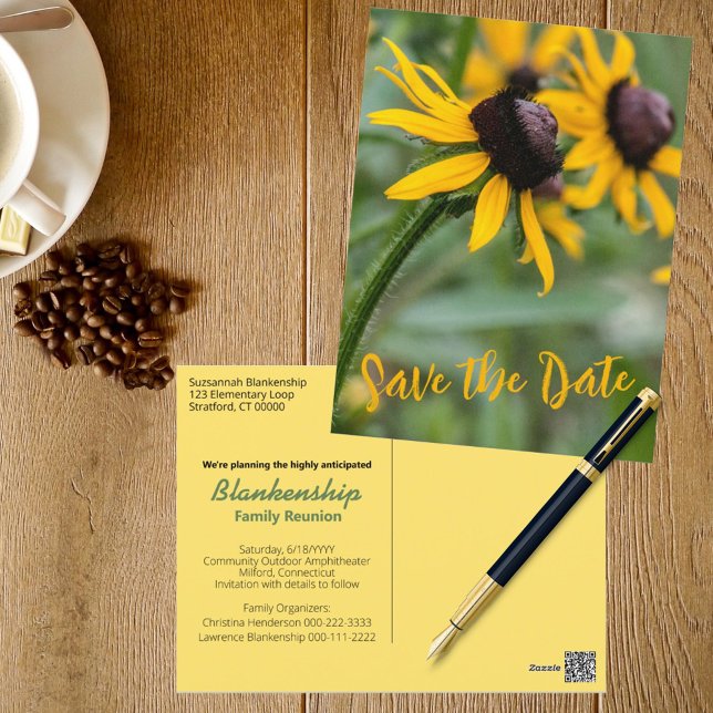 Carte Postale Famille Réunion Remplacement Photo Rudbekia Flower (This floral photo family reunion designed SAVE THE DATE announcement also serves as an invitation. )