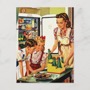 Carte Postale Famille vintage dans la cuisine Maman Papa Enfants