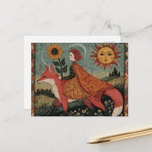 Carte Postale Fantaisie adorable femme surréaliste et son renard