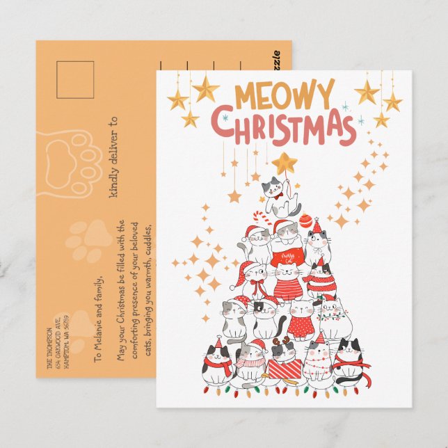 Carte Postale Fantaisie Chats Xmas Arbre Meowy Noël (Devant / Derrière)