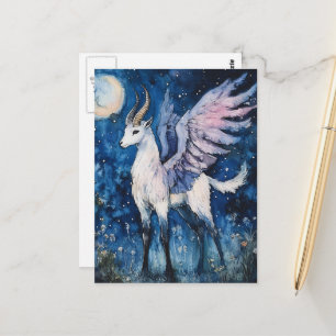 Carte Postale Fantaisie de chèvre ailée adorable pleine lune