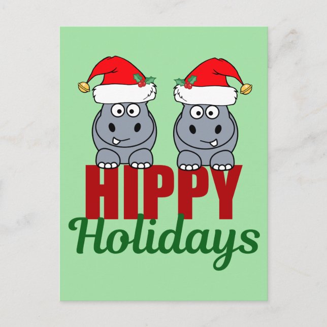 Carte Postale Fantaisie Noël Hippo Pun mignonne Green Holiday (Devant)