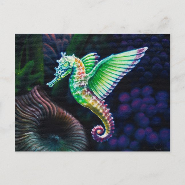 Carte Postale Fantasea, hippocampe arc-en-ciel ailé (Devant)