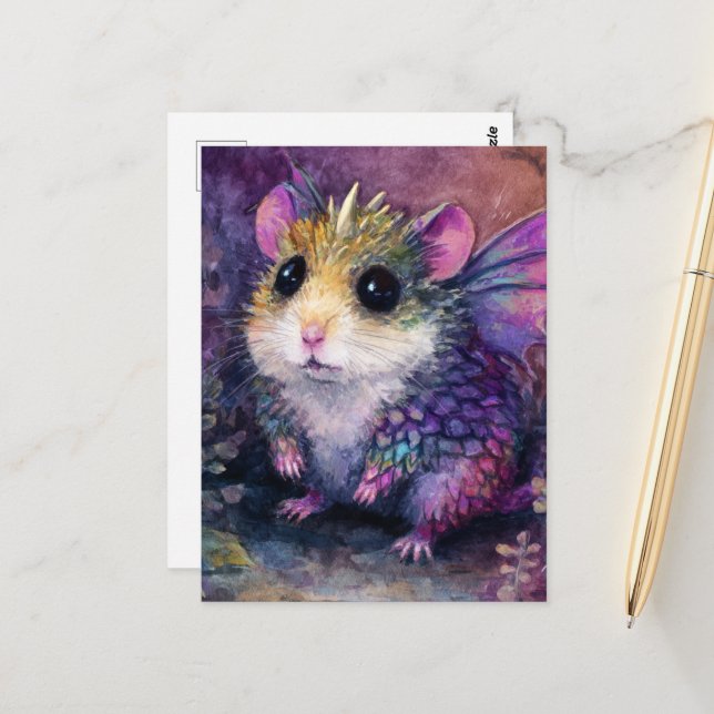 Carte Postale Fantasy Hamster Dragon Watercolor (Devant/Arrière en situation)