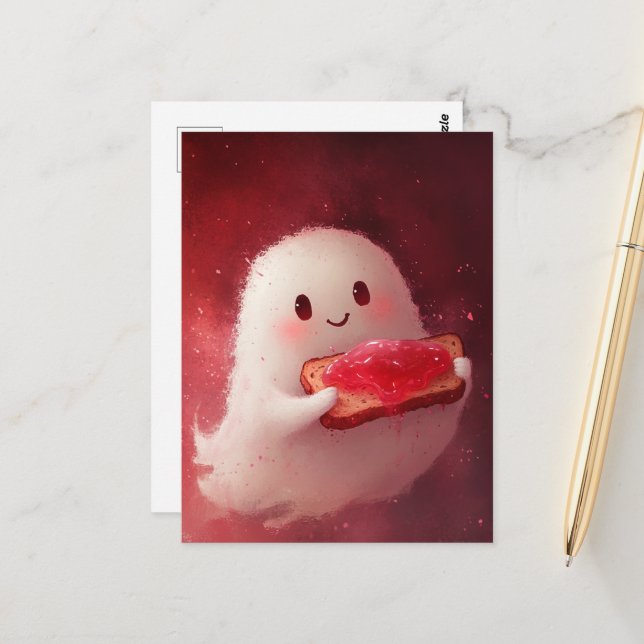 Carte Postale Fantôme adorable avec pain grillé et confiture (Devant/Arrière en situation)