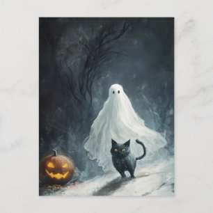 Carte Postale Fantôme d'Halloween et chat noir