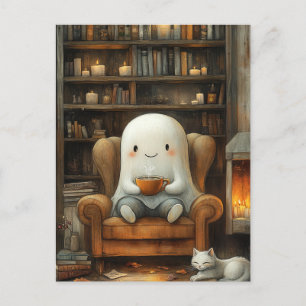 Carte Postale Fantôme et chat dans la bibliothèque avec un café