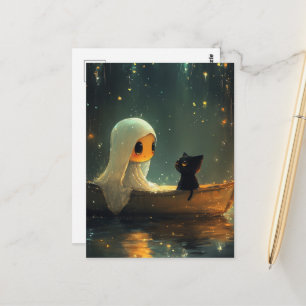 Carte Postale Fantôme et chat dans un bateau