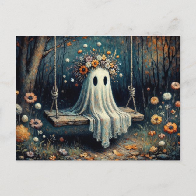 Carte Postale Fantôme mignon Whimsical avec couronne florale sur (Devant)
