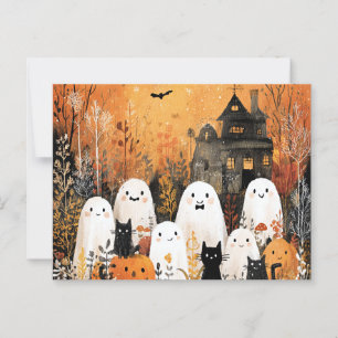 Carte Postale fantômes d'Halloween, chats noirs et chauves-souri