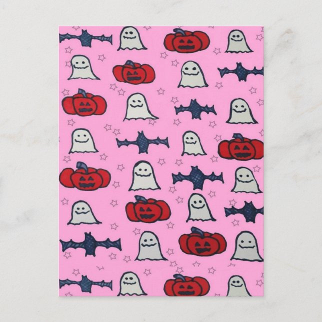 Carte Postale Fantômes d'Halloween rose, chauves-souris et Jack  (Devant)