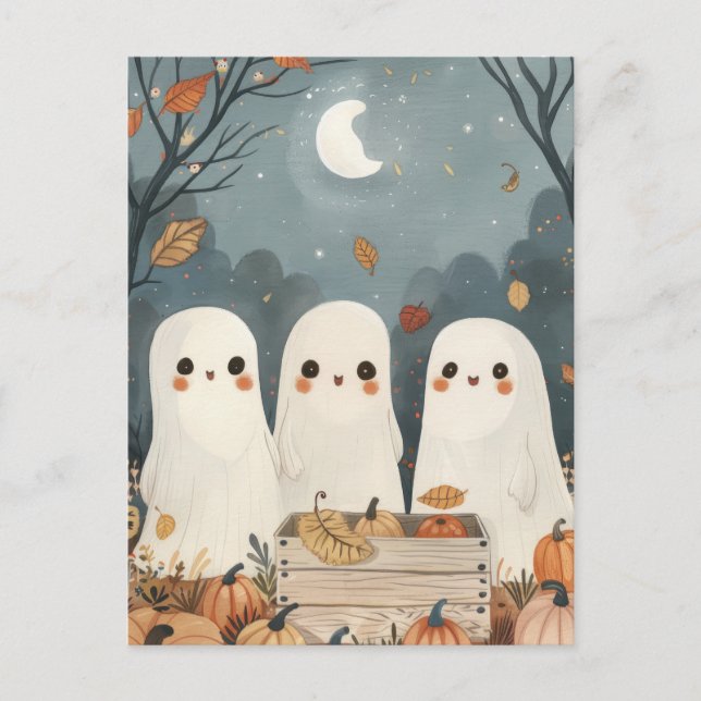 Carte Postale Fantômes mignons avec récolte Citrouille Halloween (Devant)