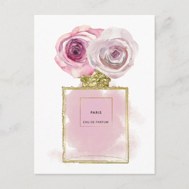 Carte Postale Fashion Florale Bouteille de parfum Roses roses ro (Devant)