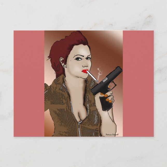 Carte Postale Fatale féminine - Fumer et armes à feu (Devant)