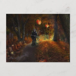 Carte Postale Faucheuse et citrouilles