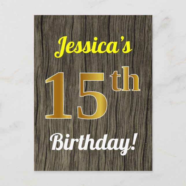 Carte Postale Faux Bois, Faux Or 15e Anniversaire & Nom Personna (Devant)